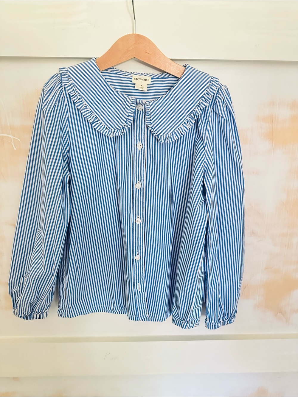 Crewcuts Blue & White Striped Ruffle Collar Button-Up Top